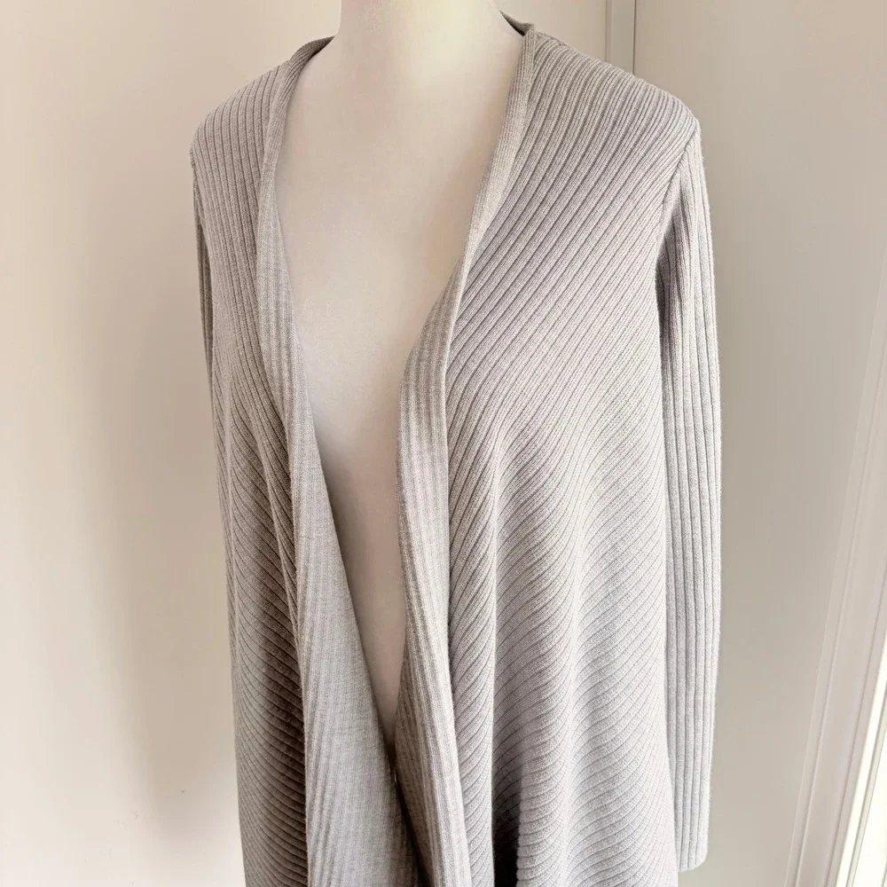 Athleta‎ Open Front Cardigan Small Minimal Gray Ribbed Merino Wool Wrap Sweater